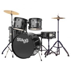 Stagg TIM122B BK Drum Set with Cymbals, Drum Throne & Sticks, Black-01