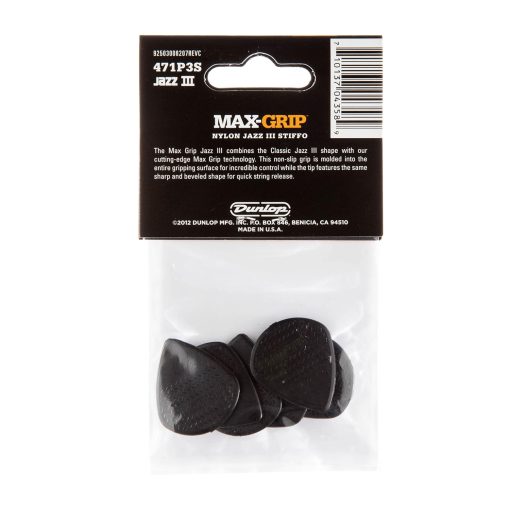 Jim Dunlop 471-3S Max-Grip Jazz III Stiffo Pick, 6-Pack, Black-01