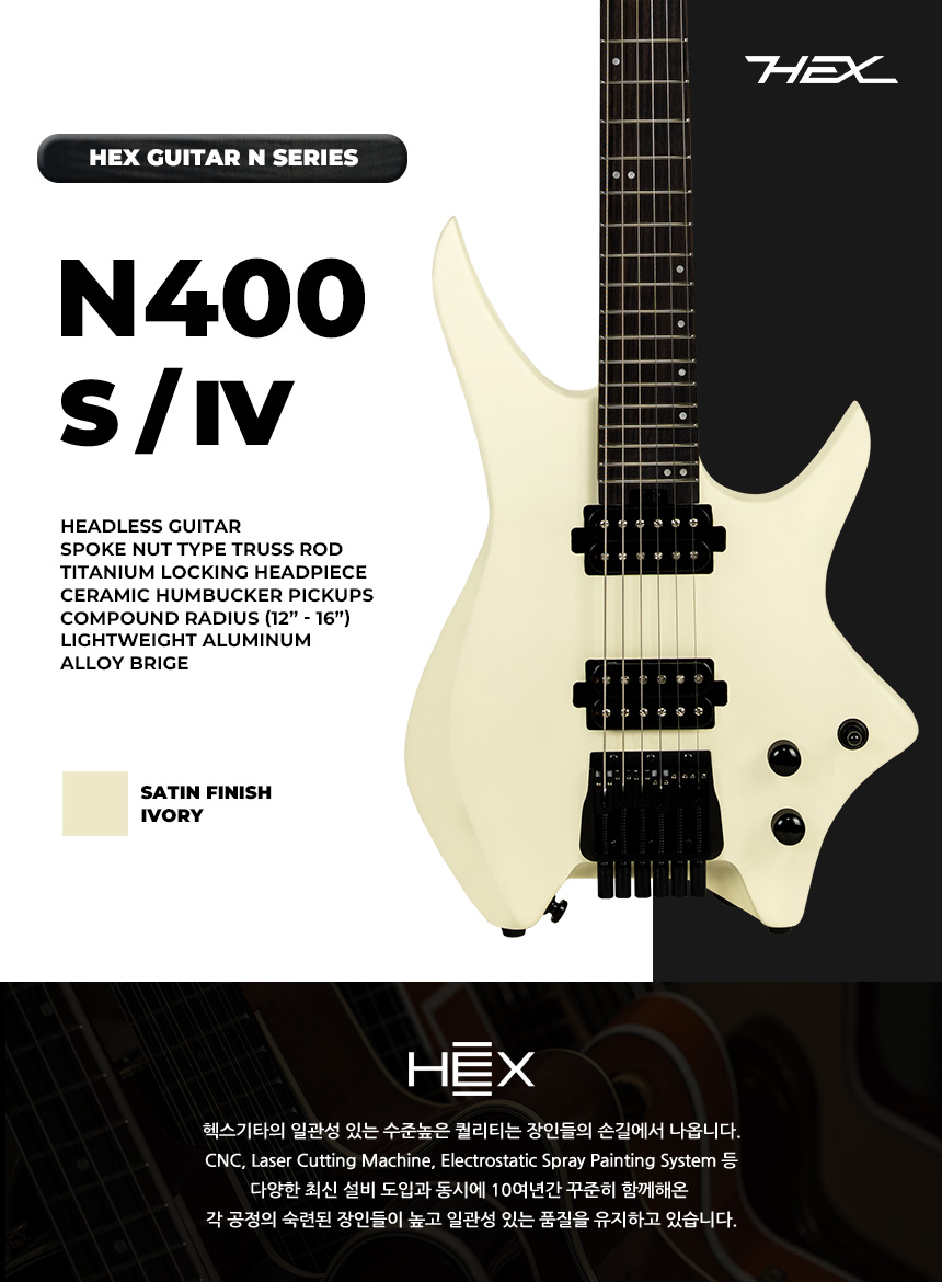 Hex Next N400 Headless Electric Guitar with Deluxe Bag, Ivory
